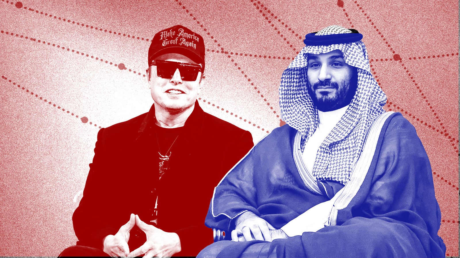 A digitally manipulated image featuring two men: on the left, one wearing sunglasses and a red cap with the phrase 'Make America Great Again,' and on the right, another dressed in traditional Saudi attire with a keffiyeh. The background consists of abstract dotted lines and a red and blue gradient.