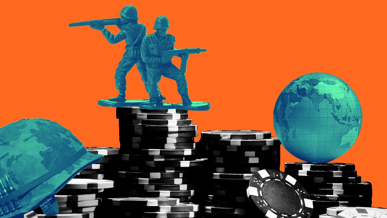 Toy soldiers stand on stacks of poker chips and coins, with a globe behind them, all against an orange background.