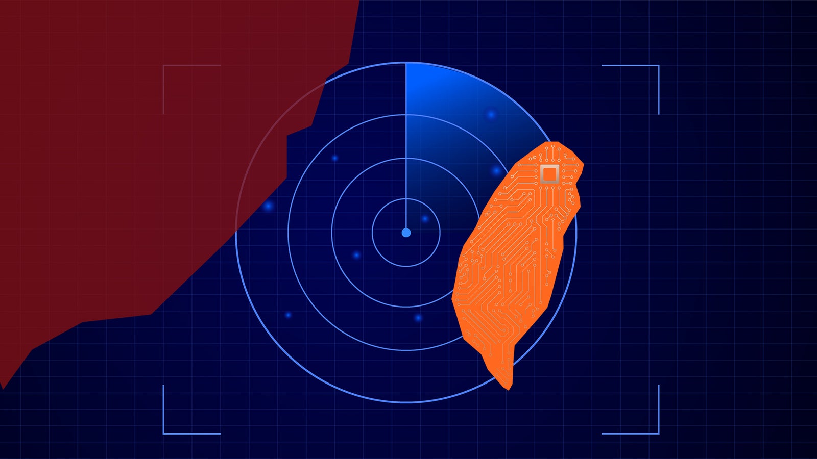 A stylized radar graphic featuring an orange outline of Taiwan with circuit patterns on a dark blue background.