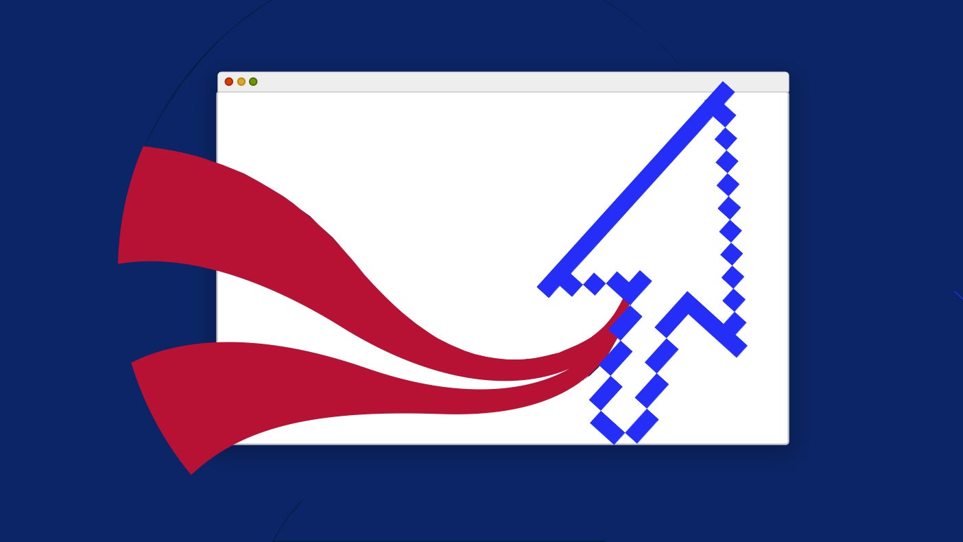 Graphic showing a blue computer cursor interacting with a window, complemented by flowing red shapes.