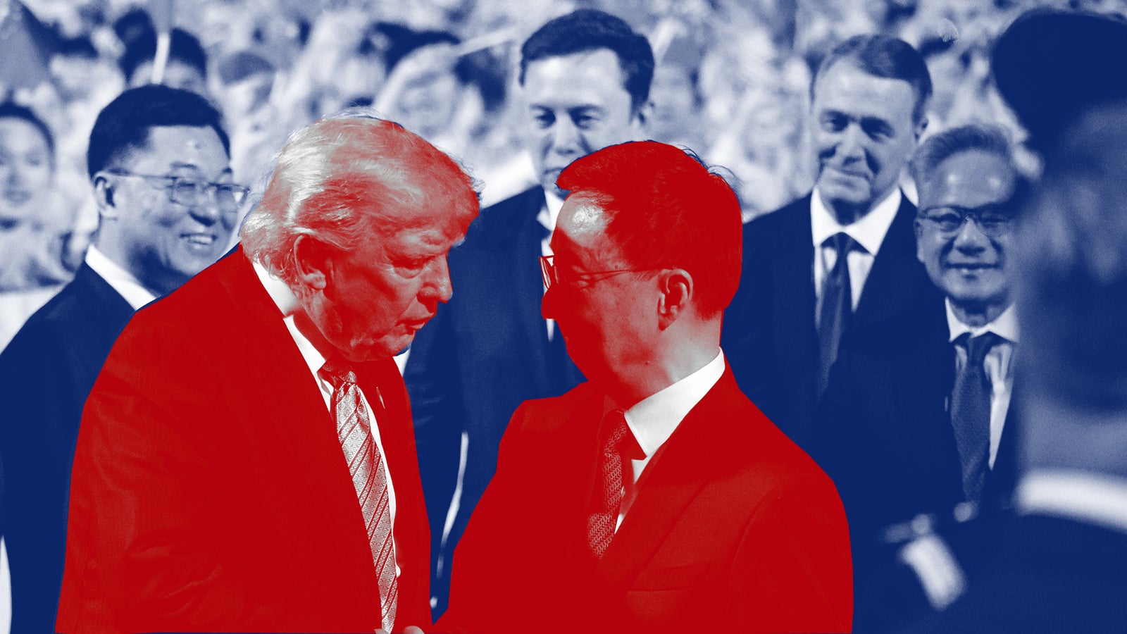 Donald Trump and a man in a red suit engage in conversation, surrounded by a group of smiling individuals in a crowd.
