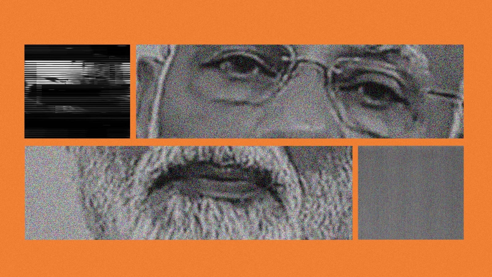 A still frame from a video collage showing spliced video clips of India's Prime Minister Narendra Modi and static graphics against a orange background.