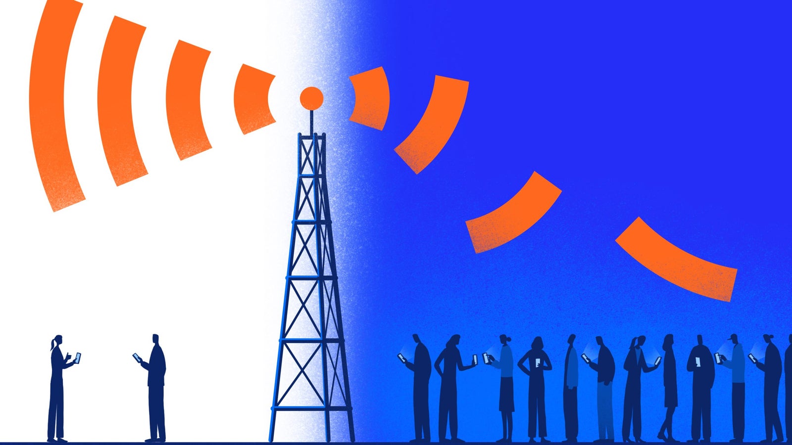 A digital illustration featuring a blue and white background, showcasing a tall communications tower emitting orange radio waves. In the foreground, silhouettes of diverse individuals are holding mobile devices, engaged with the signals from the tower.