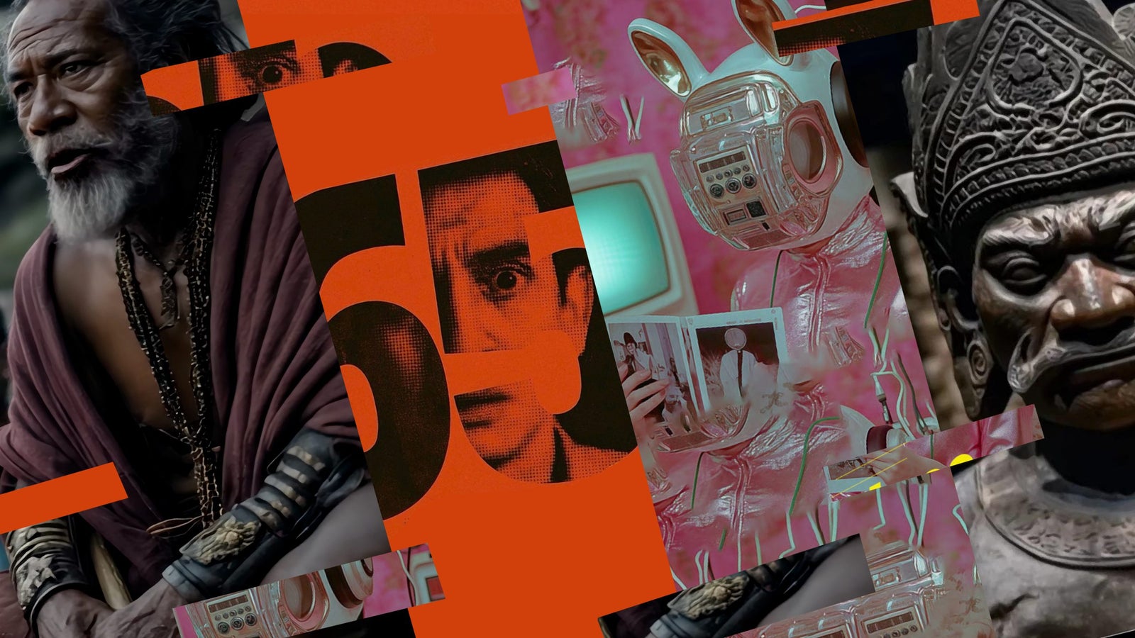 A collage featuring a bearded man in a purple robe, elements of retro graphic design with bold colors and patterns, a shiny silver space suit with bunny ears, a vintage television, and a detailed statue with ornate designs, creating a surreal and eclectic visual composition.