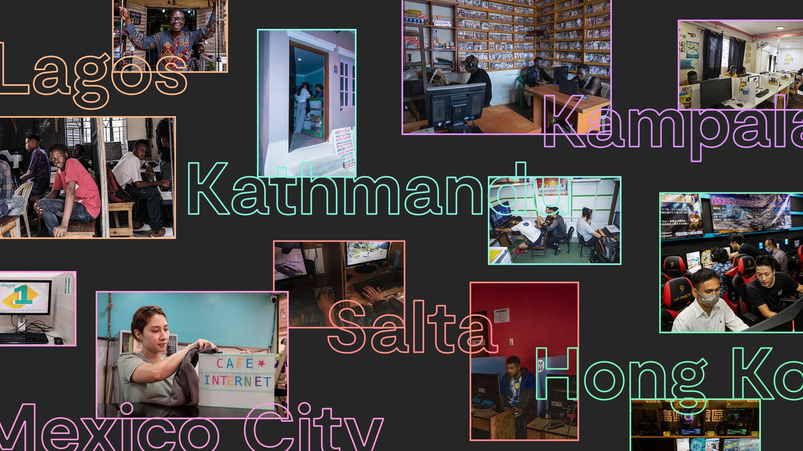 A collage of images and text from internet cafes around the world.