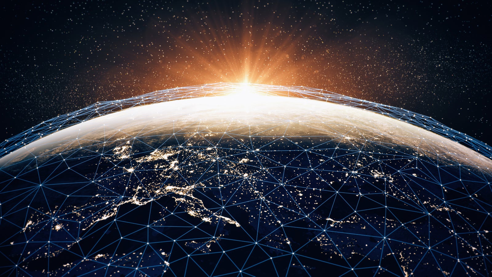 A digital rendering of Earth from space, featuring a network of blue lines and a glowing sunrise on the horizon.