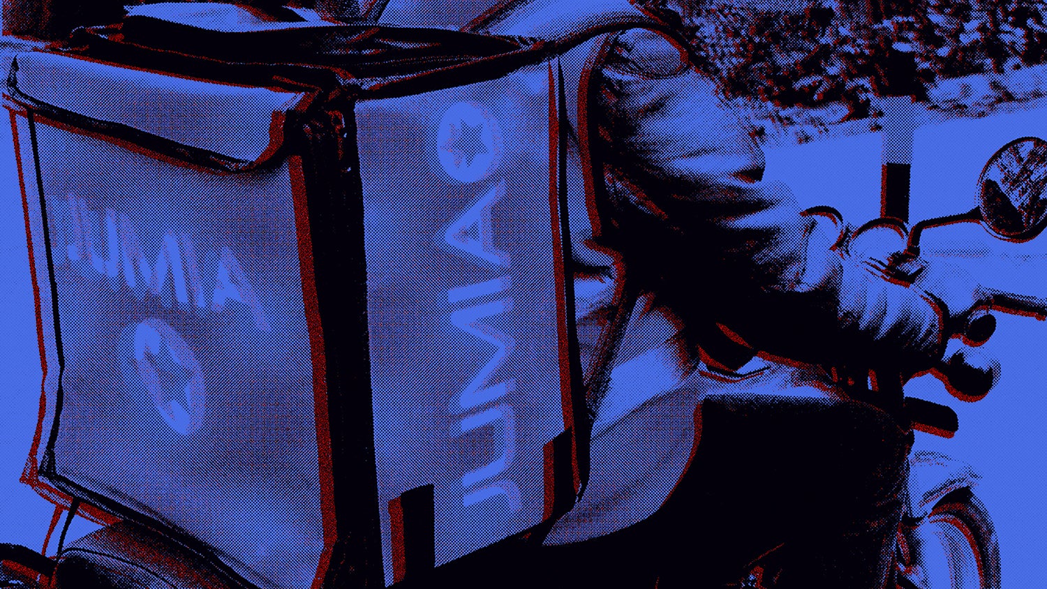 A close up of a Jumia food delivery bike rider, in a duo-tone effect.