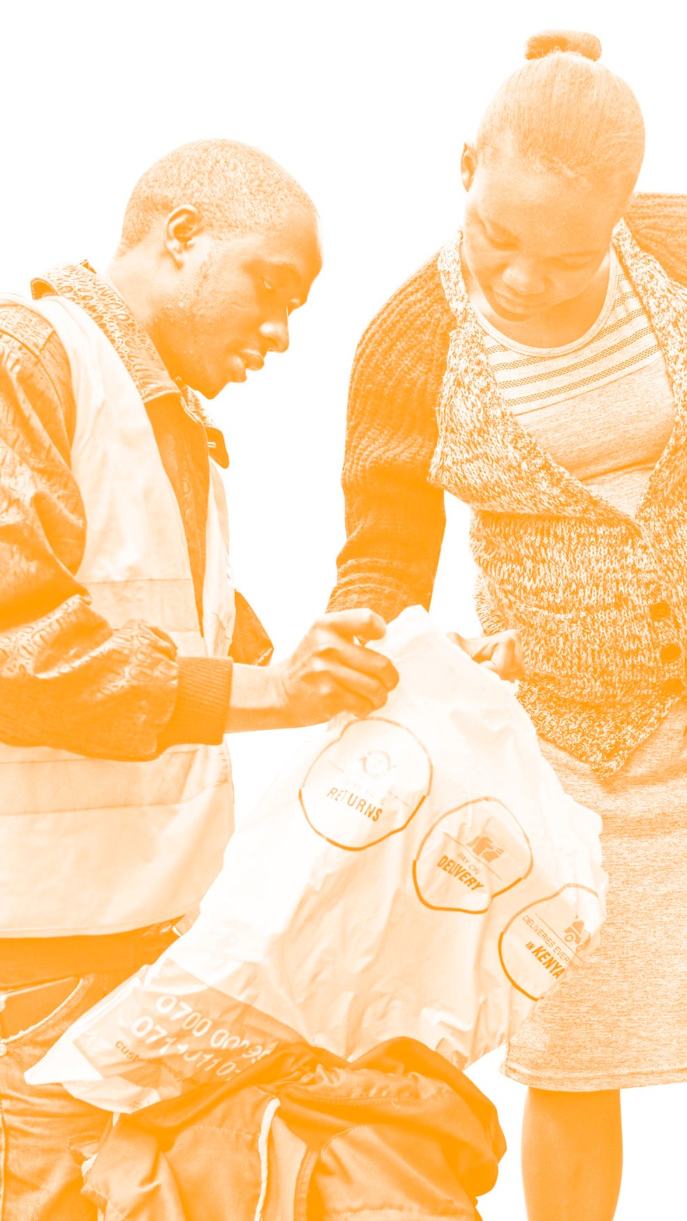 A photo of a man handing a woman a package in black and white with a orange overlay, against a white background.
