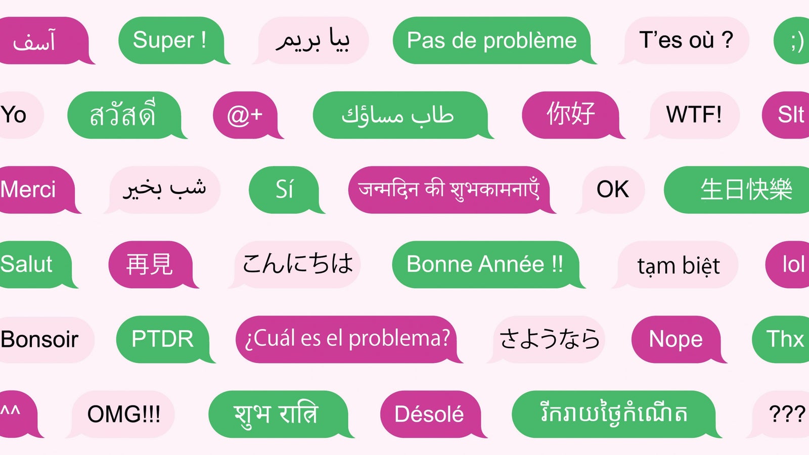 An illustration of word bubbles and greetings in different languages.