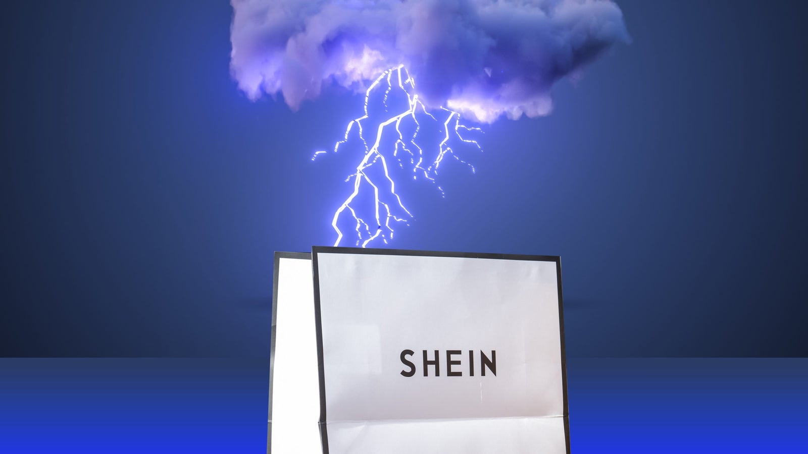 A lightning storm above a shopping bag with the word 'SHEIN' written on it, set against a blue background.