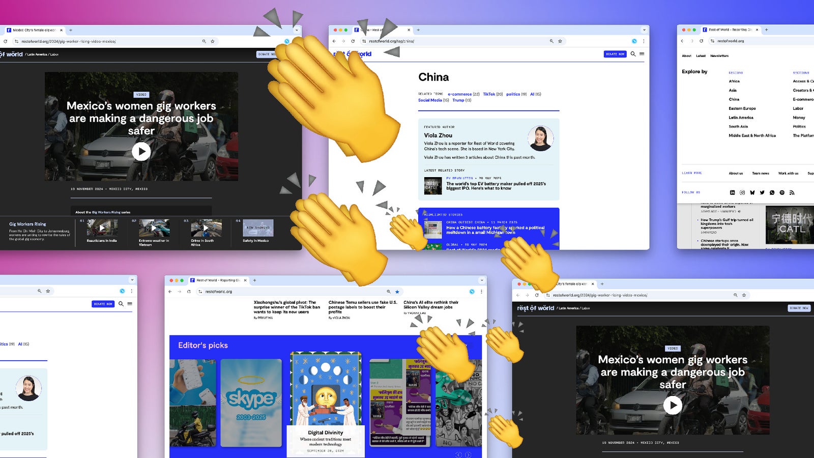 A collage of web pages from the Rest of World website featuring articles about women's gig workers in Mexico, a profile of journalist Viola Zhou, and various topics related to China and gig economies, with animated clapping hands overlaying the images.