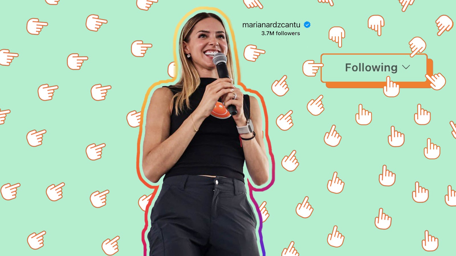 A mixed media artwork of a cutout of Mariana Rodríguez with her instagram handle, follower count and Instagram following button, surrounded by many finger clicking icons.