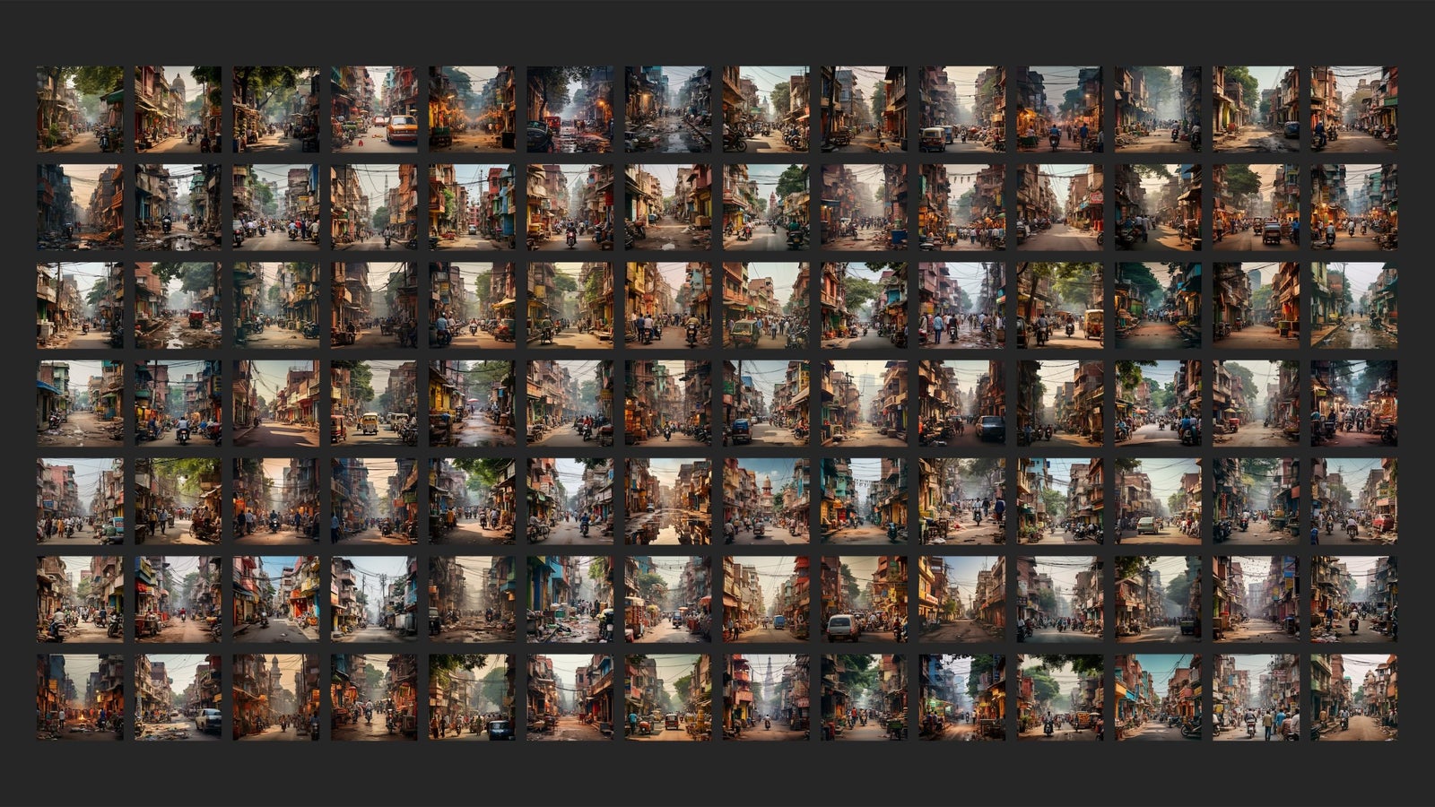 A photo collage showing a grid of 98 square images of a city street scene.