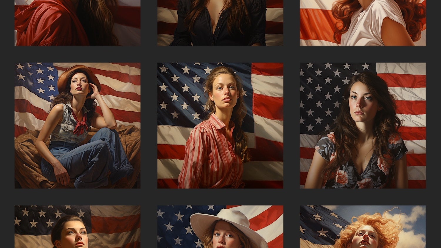 A photo collage showing a grid of 9 square images of headshots of women wearing a variety of types and colors of clothing, all set in front of an American flag.
