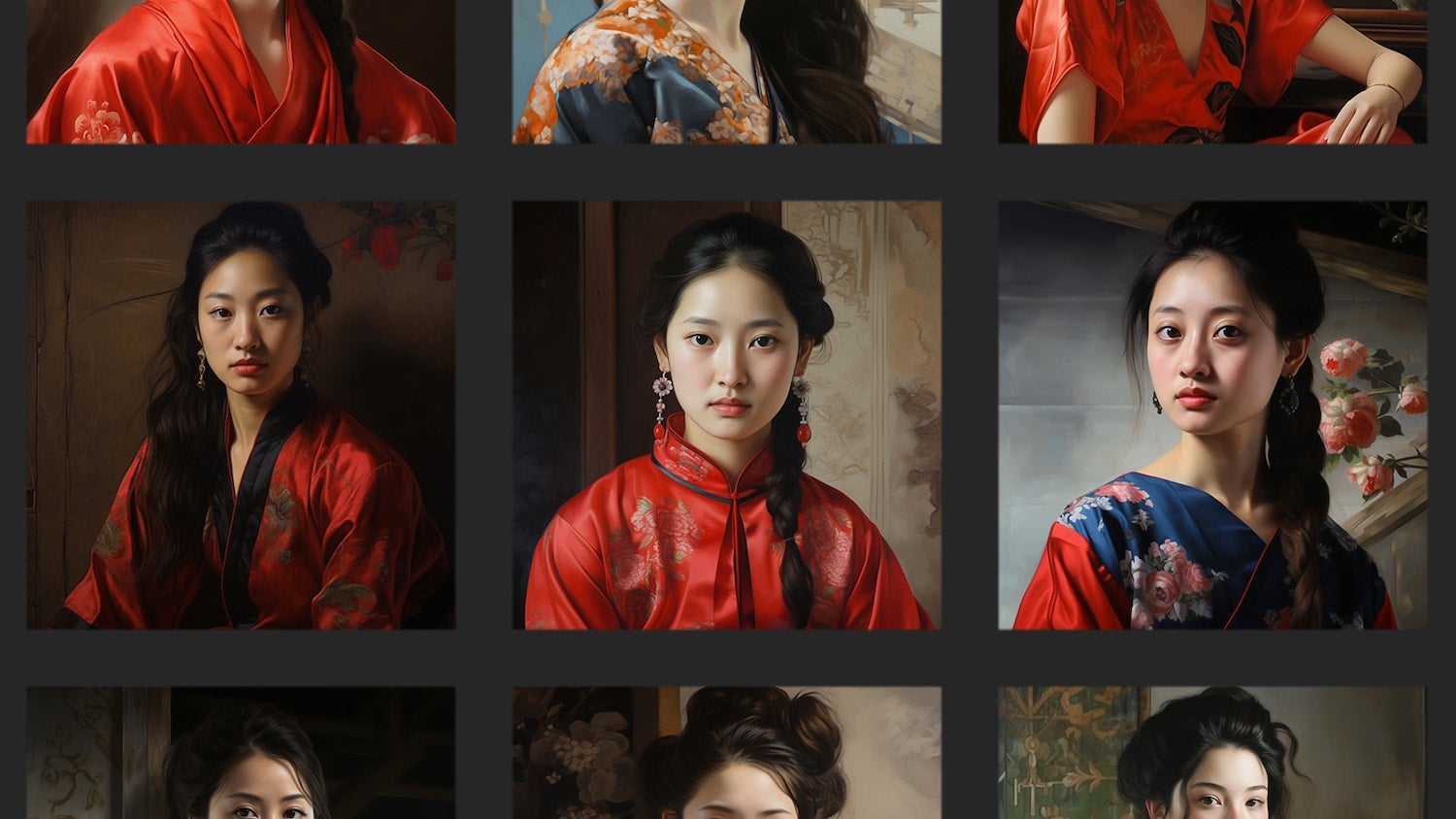 A photo collage showing a grid of 9 square images of headshots of women wearing red and blue colored clothing.