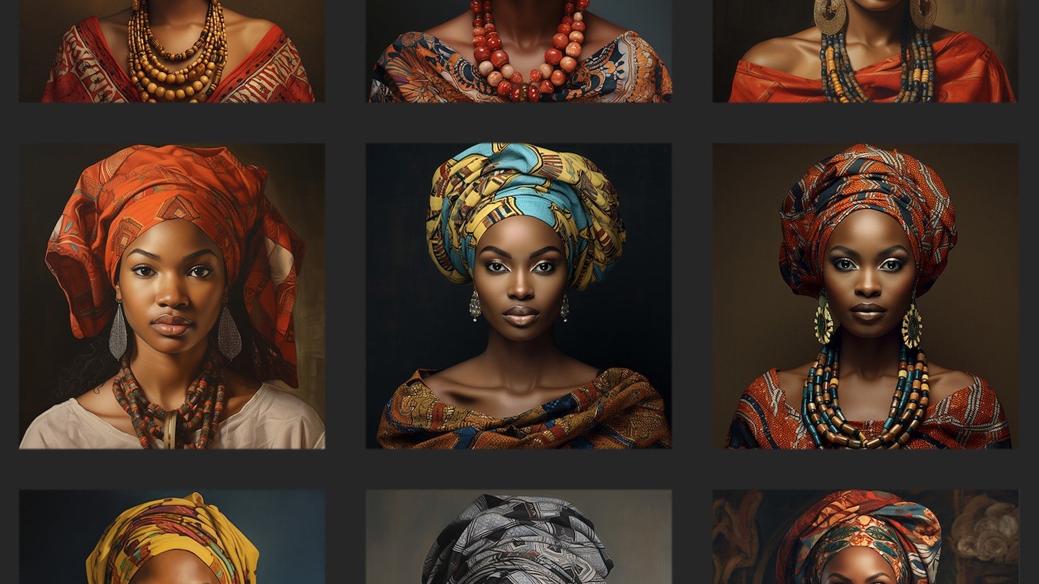 A photo collage showing a grid of 9 square images of headshots of women wearing colorful and patterned headwraps.