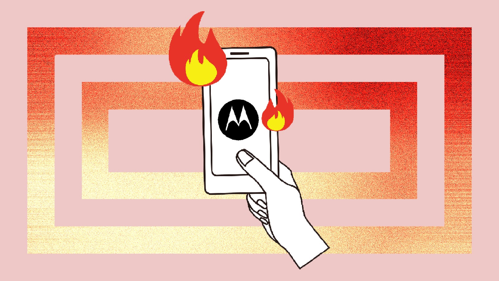 A hand holding a smartphone displaying a Motorola logo, with flames illustrated around the device against a pink gradient background.
