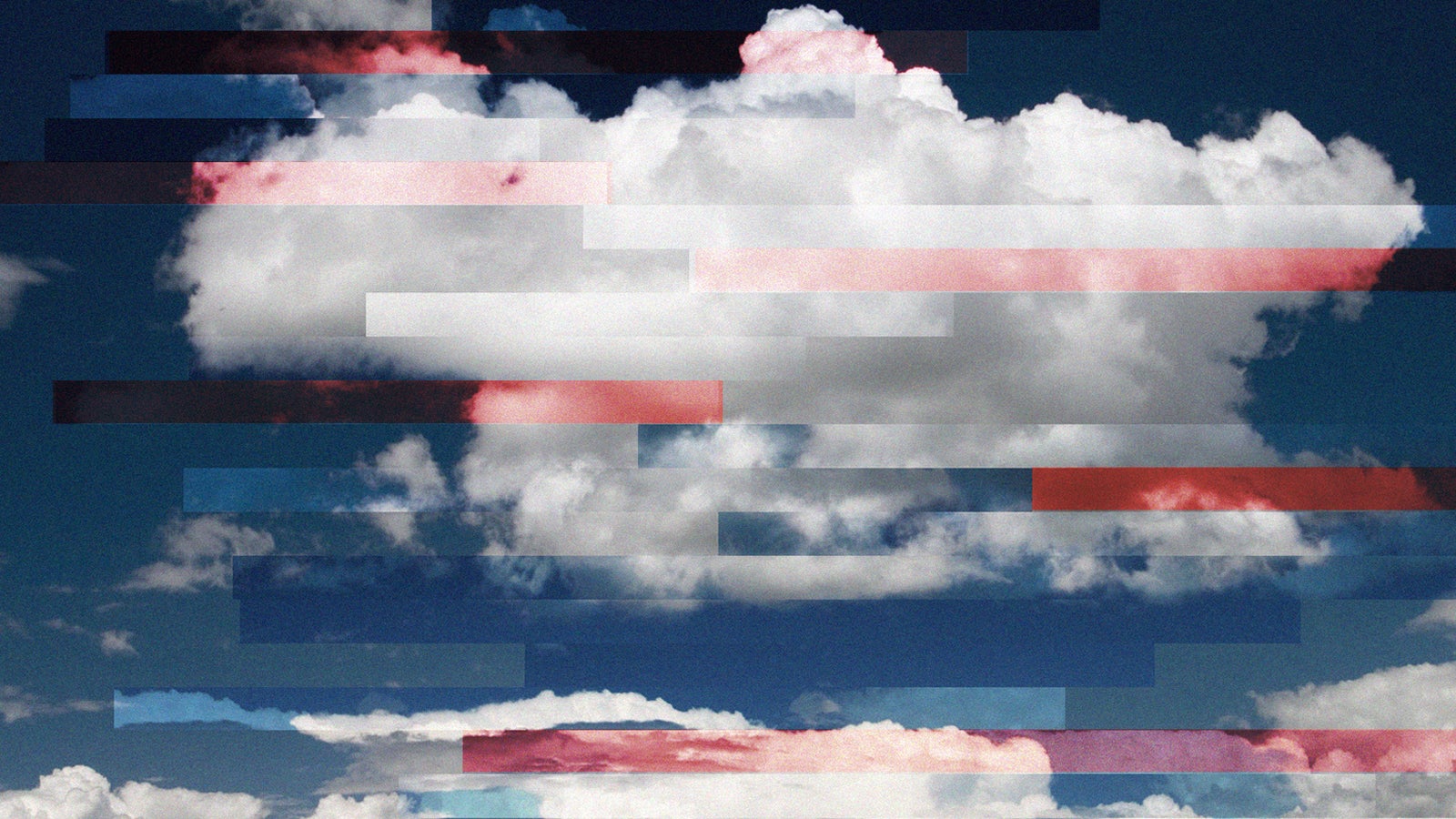 An abstract composition of clouds and blue sky, overlaid with horizontal colored bands in various red shades, creating a glitchy and fragmented appearance.