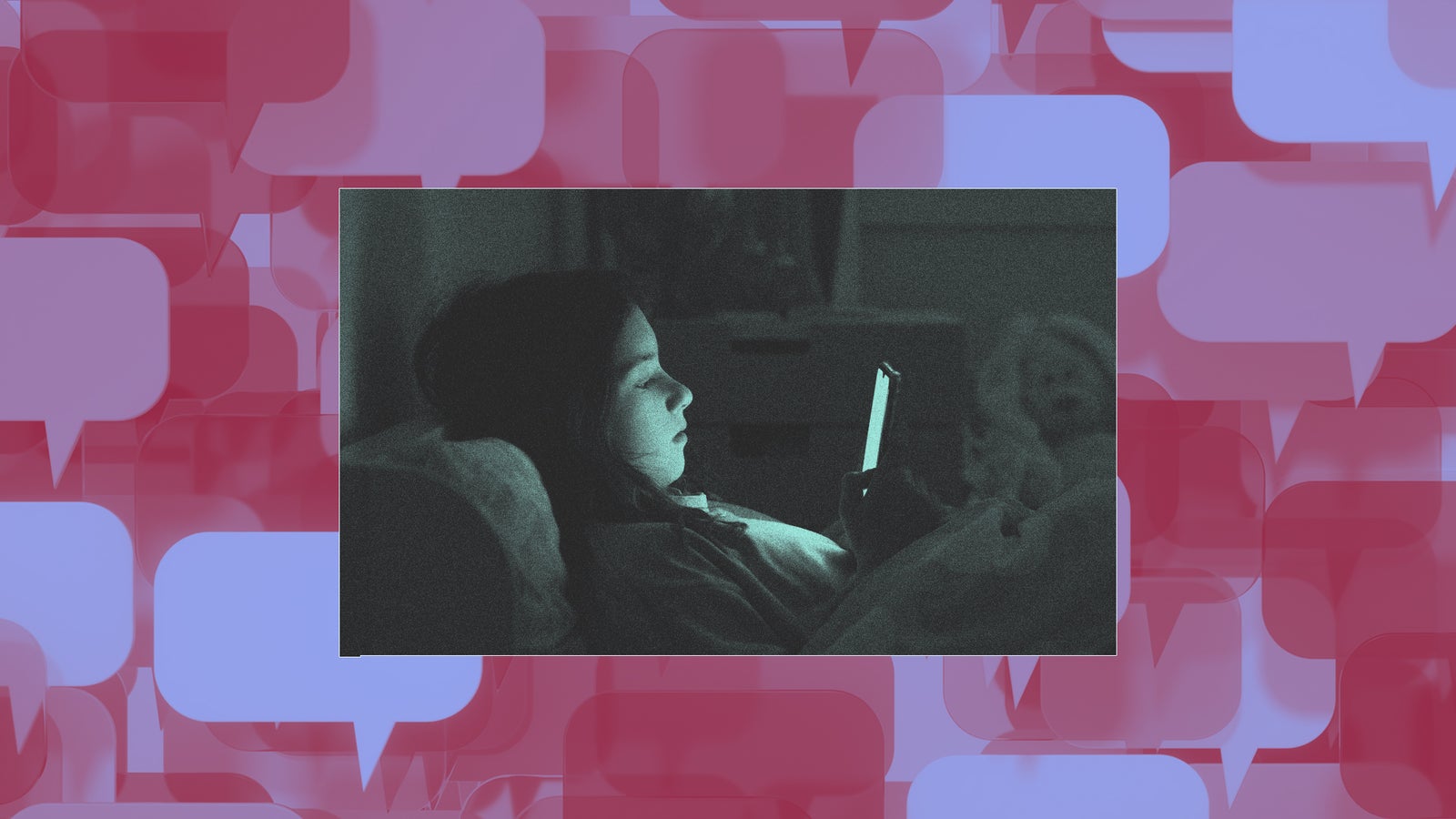 A child lying in bed, illuminated by the glow of a smartphone, with a soft expression on their face.