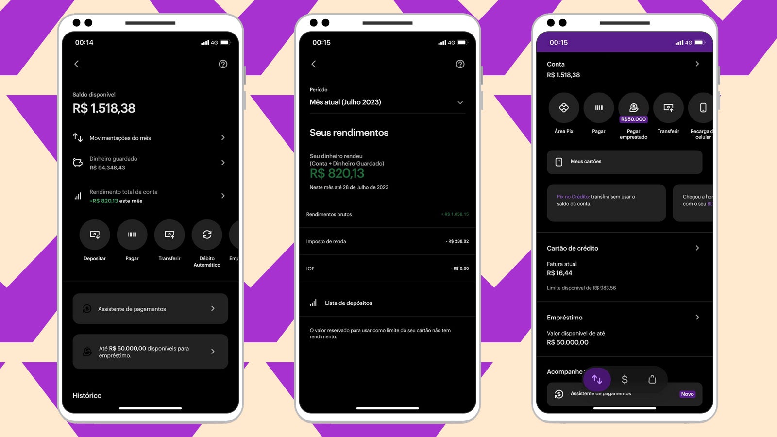 A college of screenshots from the Nubank app, over a purple and tan background.