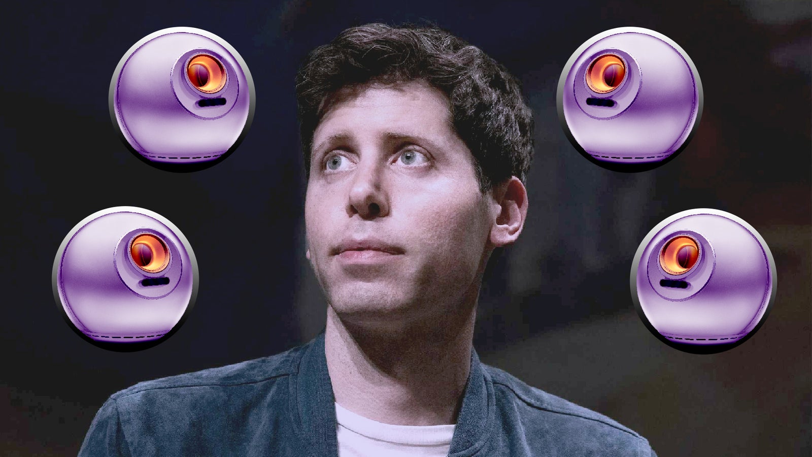 A man with dark hair and a blue jacket stands calmly, surrounded by four purple spherical devices with orange lights.