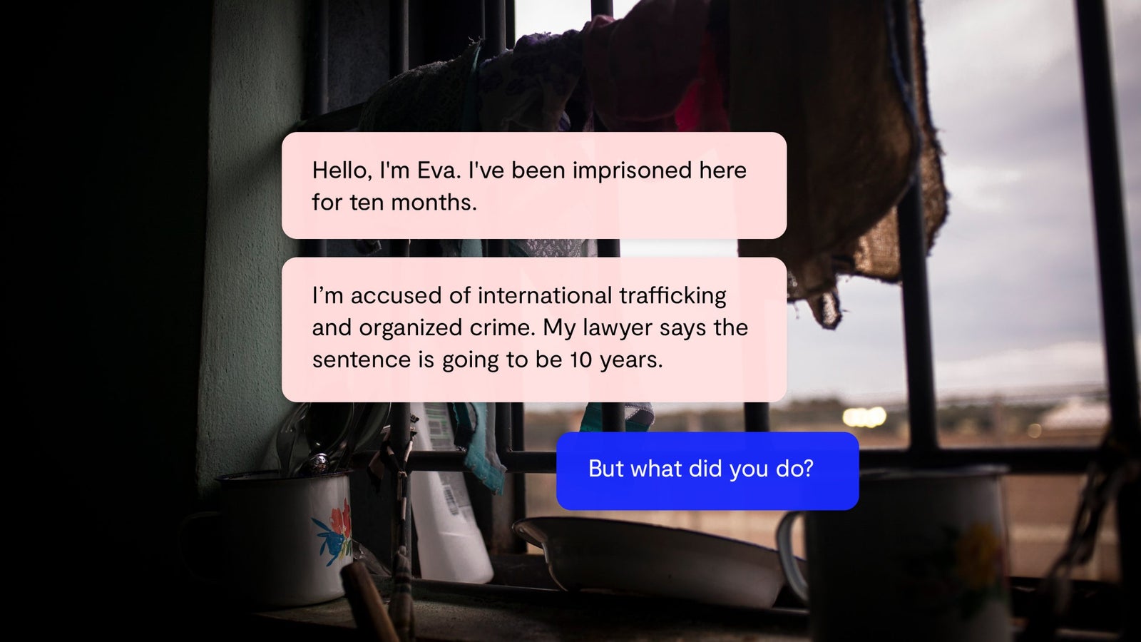 A window of a prison featuring speech bubbles: one blue stating: Hi, I'm Eva. I've been in prison here for ten months. They accuse me of international trafficking and organized crime. My lawyer says the sentence is going to be 10 years. A pink bubble asks: But what did you do?