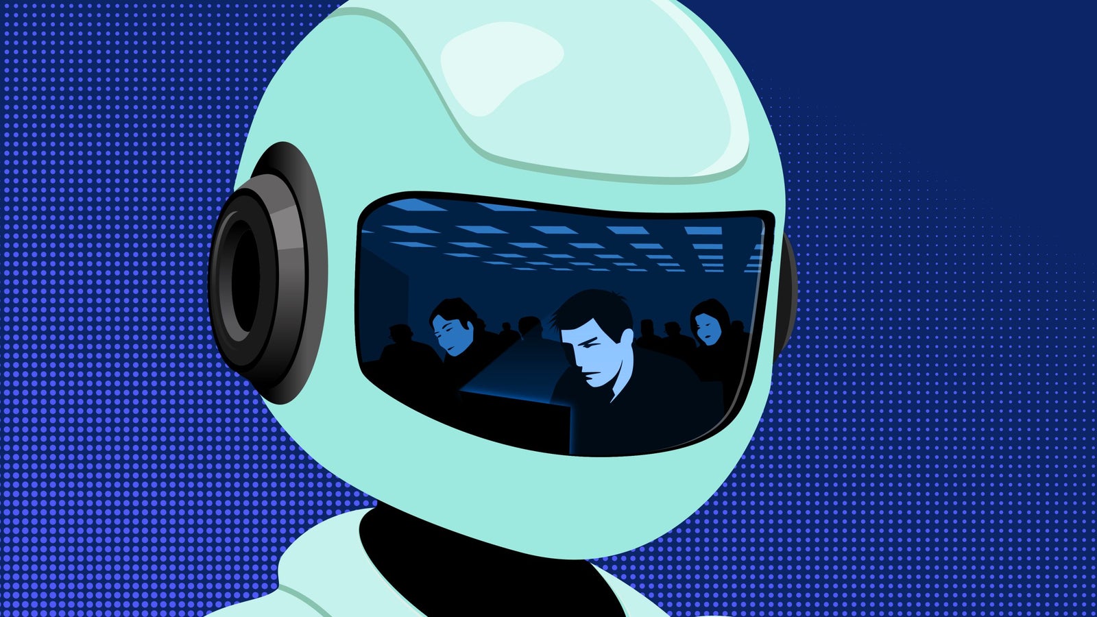 An illustration of a robotic helmet with a reflective visor showing silhouettes of people in a dimly lit room, surrounded by a blue dotted background.