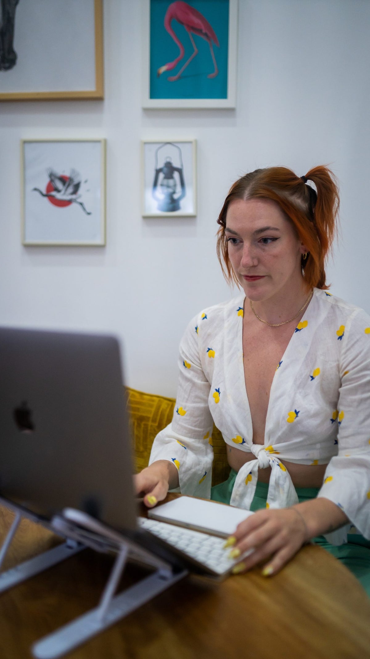 A photo of a woman with short pigtails working on a laptop computer in a room.