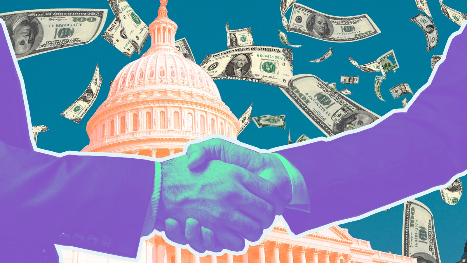 A handshake with a colorful Capitol dome backdrop and flying dollar bills, symbolizing political deals and finance.