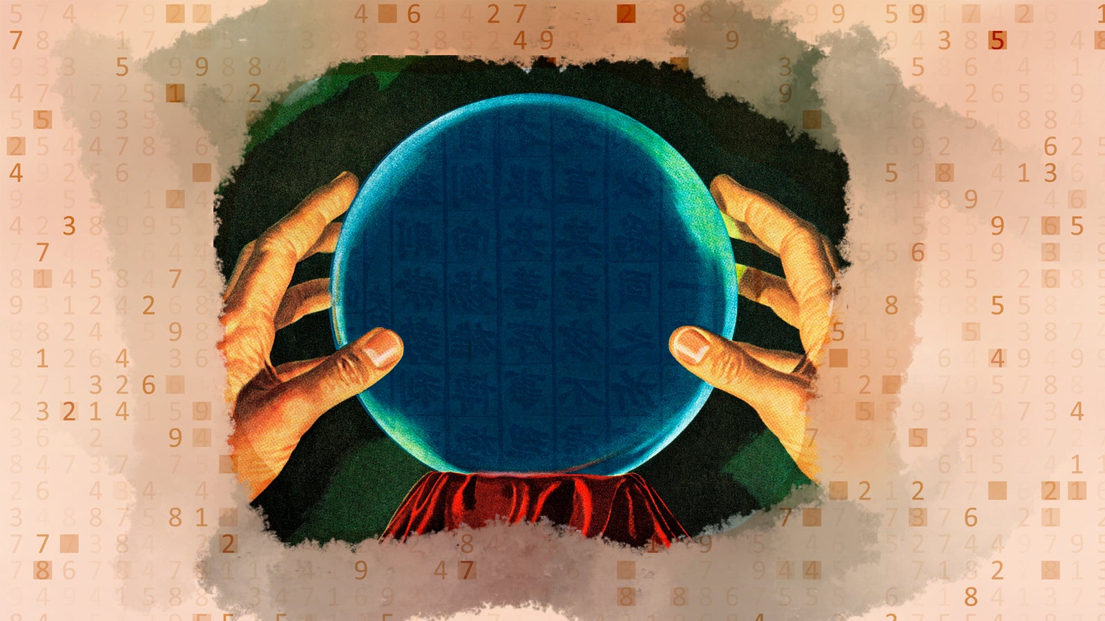 A person's hands hold a glowing crystal ball against a textured background of numbers and symbols.