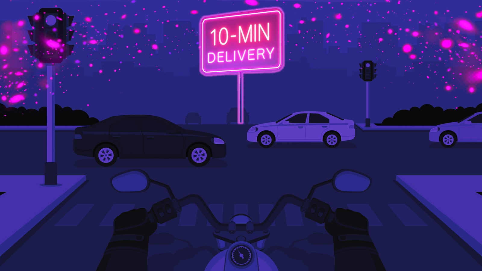 View from a motorcycle with hands on the handlebars, looking at a neon pink sign reading "10-MIN DELIVERY" at a busy intersection.