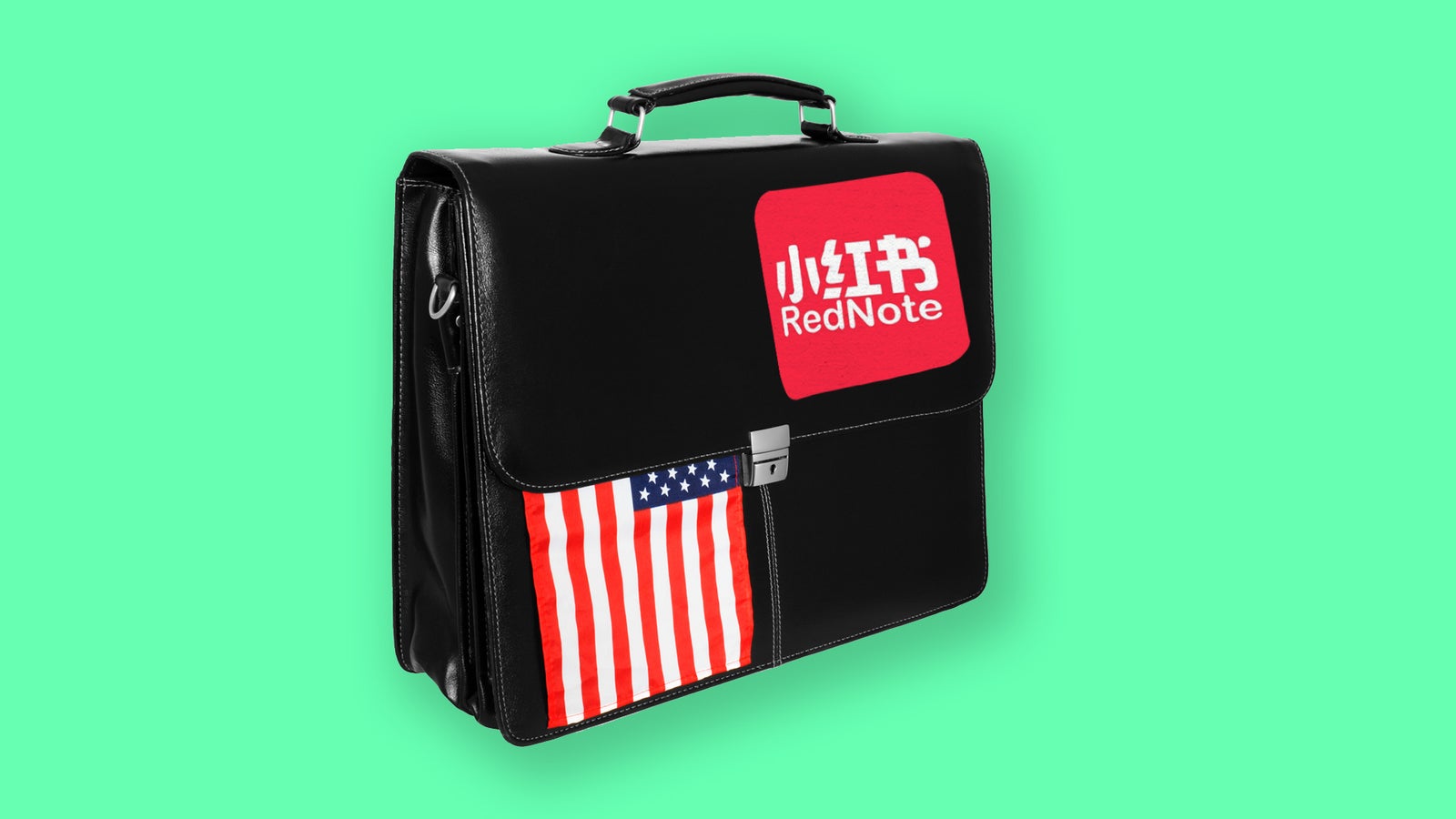 A black leather briefcase featuring a Chinese logo and an American flag patch on the front.