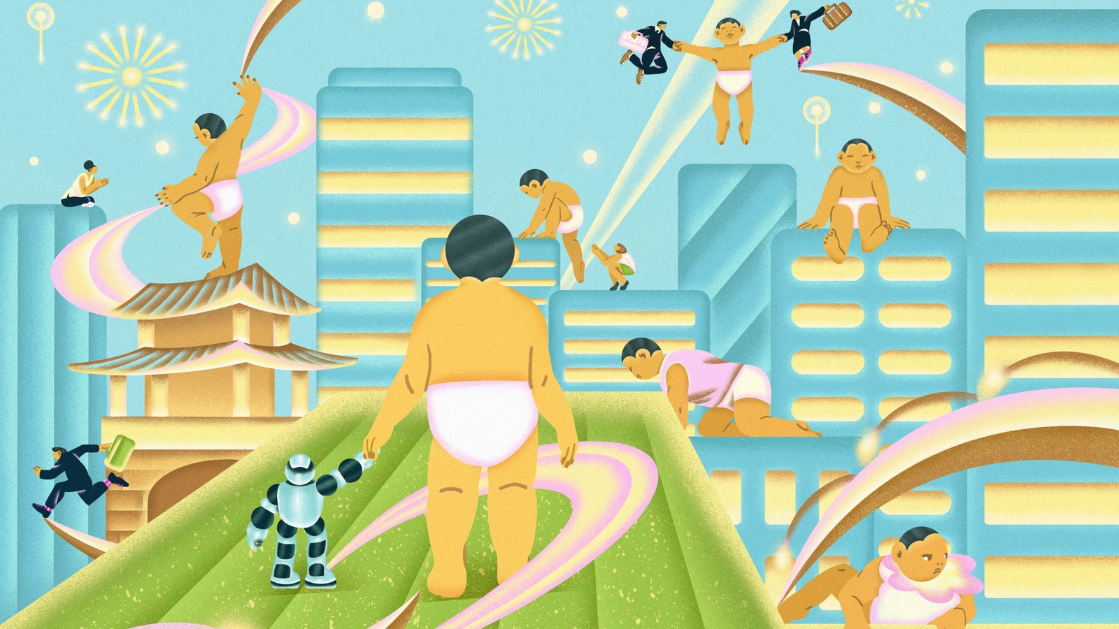 A colorful illustration featuring several large sized babies in diapers engaged in playful activities, set against a vibrant cityscape with tall buildings. One baby stands confidently atop a roof, while others are climbing, sitting, or floating through the air. A robot companion walks with a larger baby down a green hill, with rainbow-like trails swirling around them. The background includes decorative elements like fireworks and soft pastel colors.