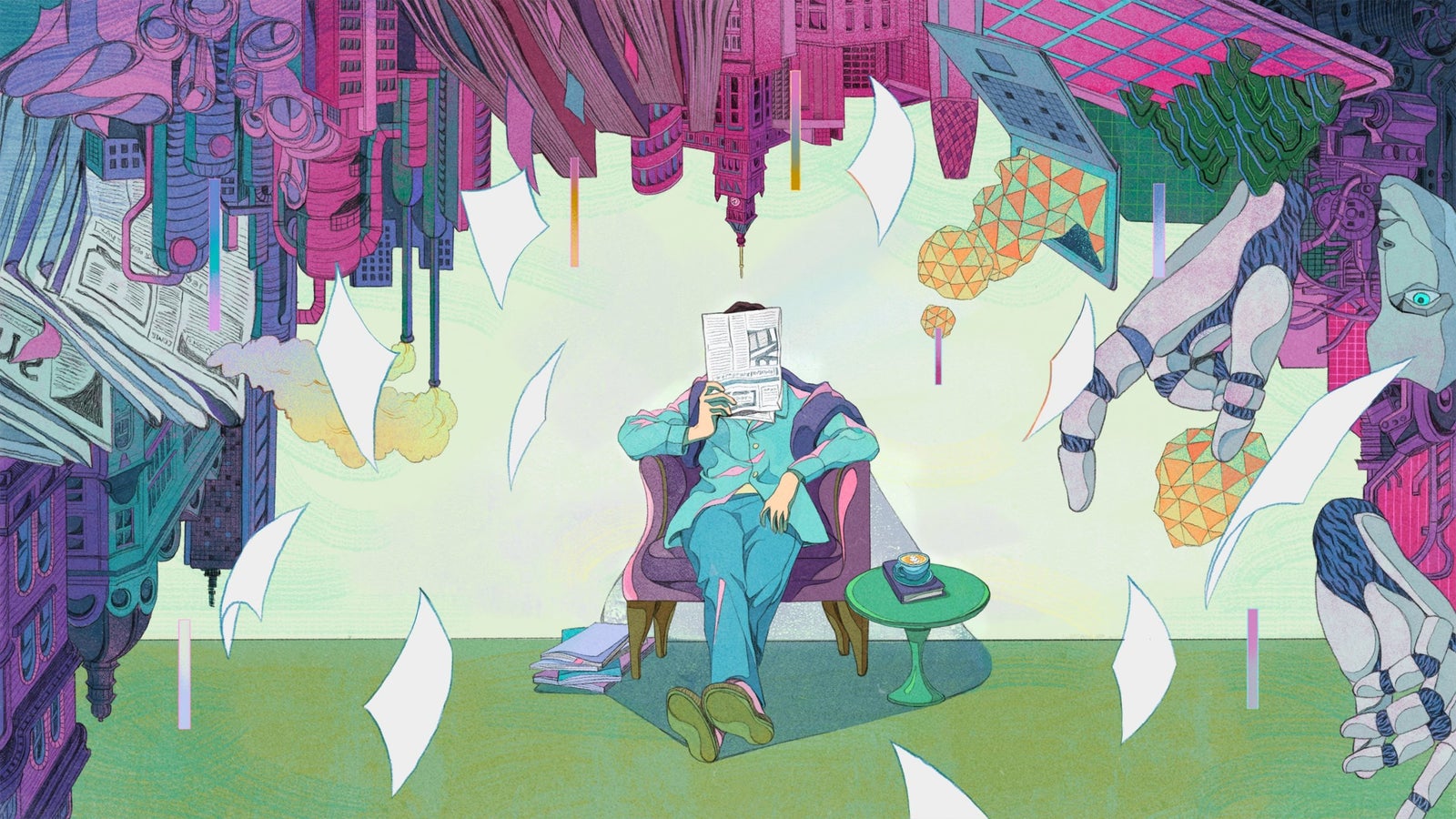 An illustration showing a person reading a paper in the middle of a room with colorful dream sequence filled with buildings, computers, and robots, suspended from above, with pieces of blank paper floating down.