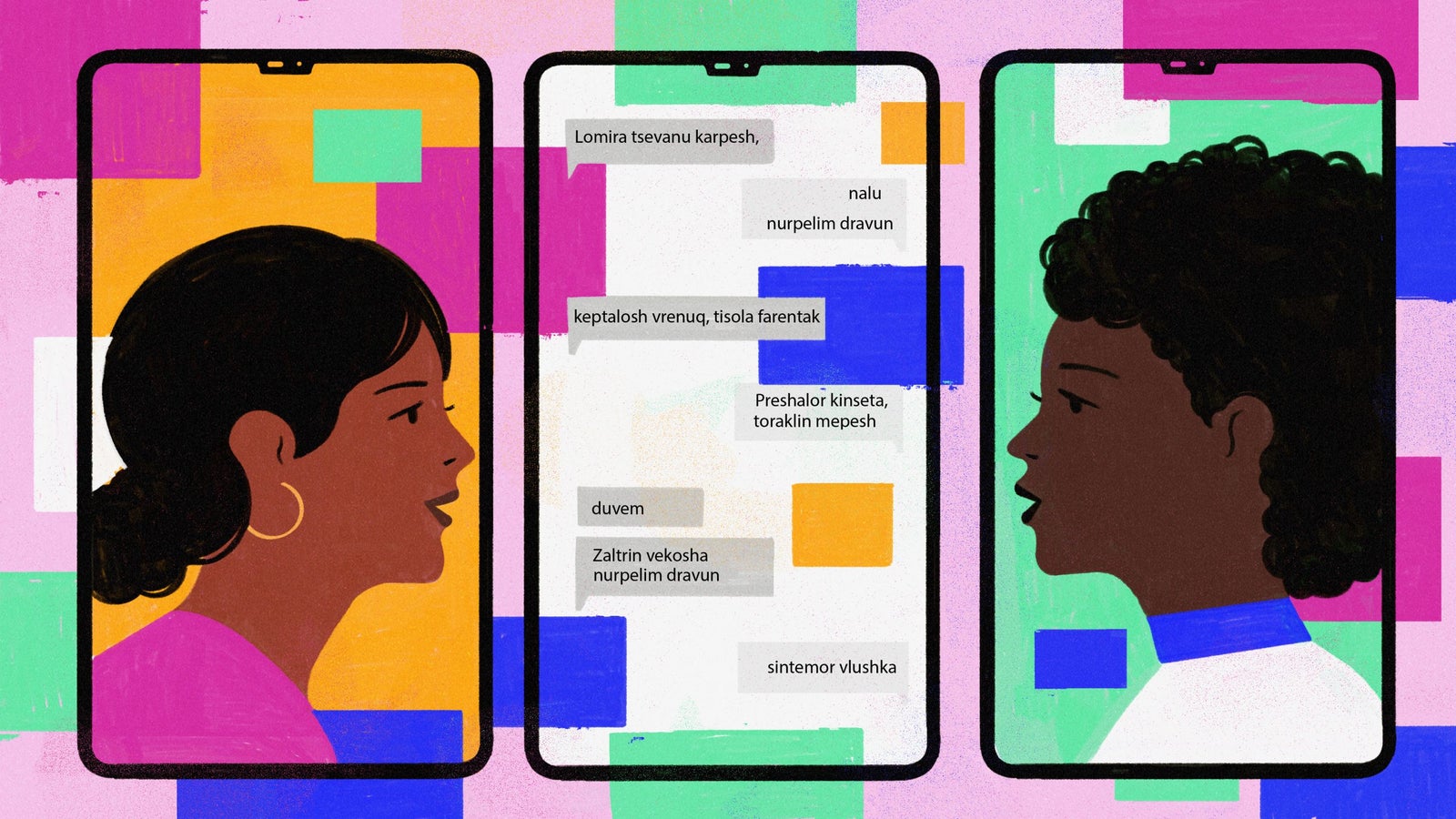An illustration featuring two women in profile view on smartphones with colorful abstract backgrounds. The woman on the left has long dark hair and wears a pink top, while the woman on the right has curly hair and wears a white top with a blue collar. Text bubbles between them contain fragmented phrases in a stylized font.