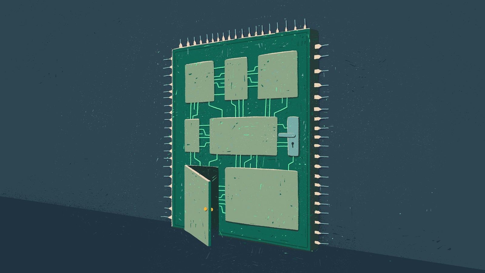 An illustration of a large green circuit board shaped like a door, with several rectangular components and circuit lines depicted on it, against a dark background. A small door is slightly ajar at the base of the circuit board, with orange doorknobs.