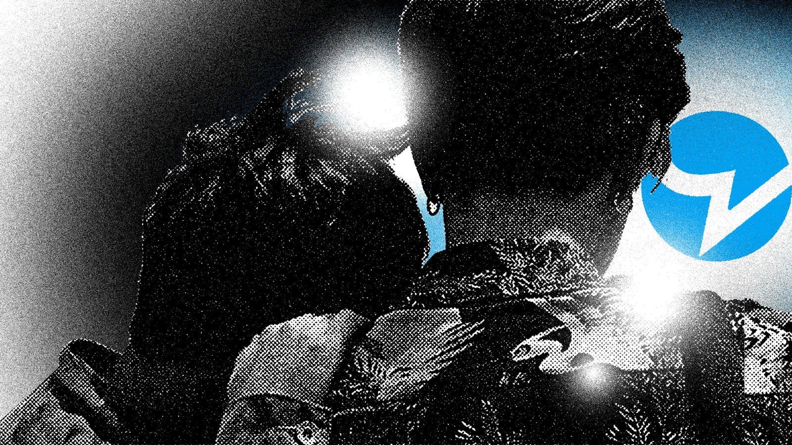 A black-and-white illustration of the back of two men, with one of them resting their head on the other's shoulder. The Blued logo is in the background.