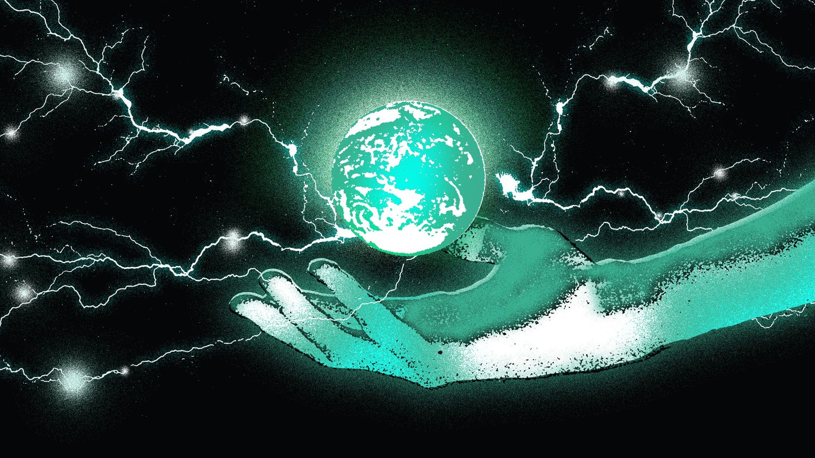 An illustration of a globe levitating over the palm of a hand with electric sparks around it, in a green tint and black background.