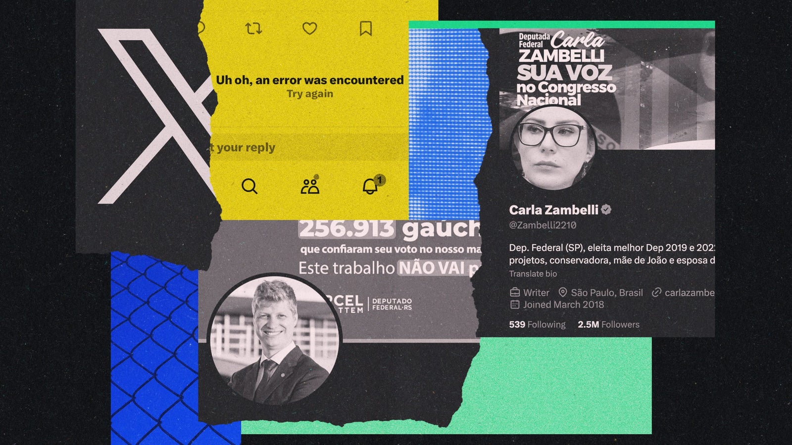 A collage showing the X logo, X profiles, an error message and a fence texture in yellow, blue and green shades.