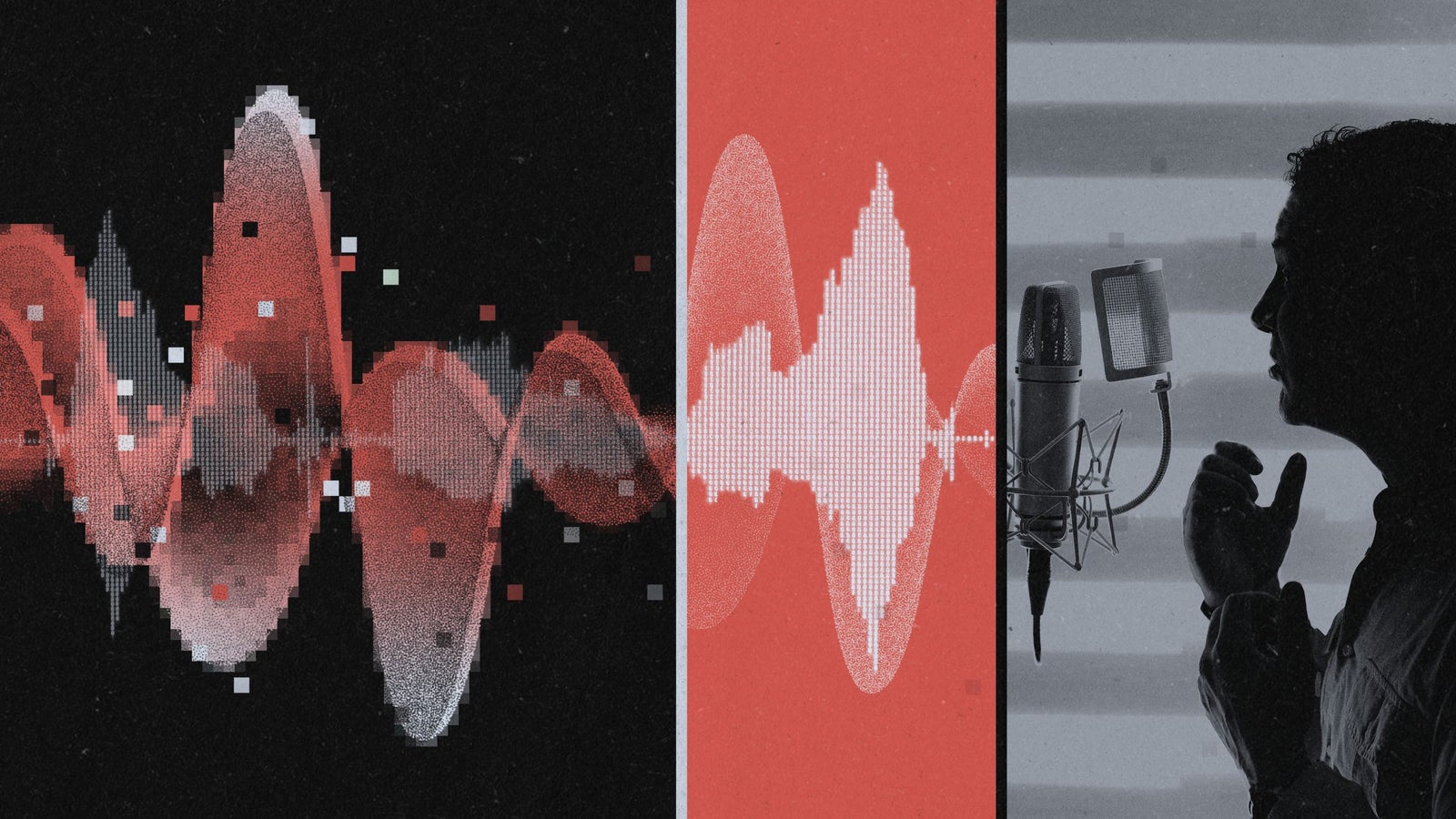 An illustration showing a person speaking into a microphone and it turning into sound waves.