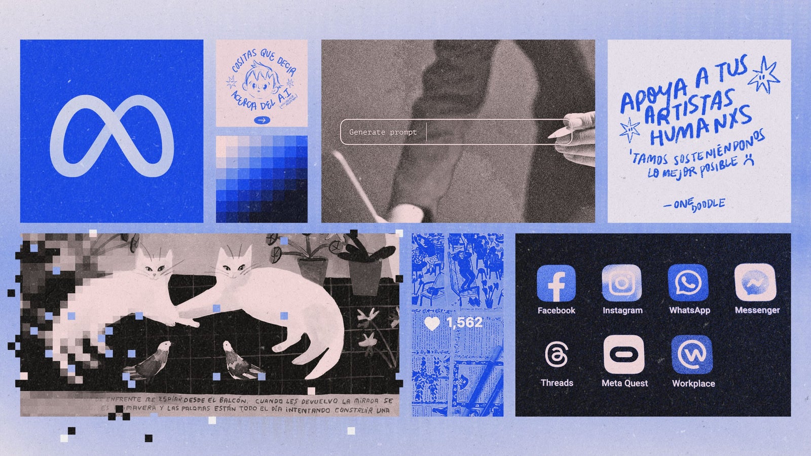 A collage illustration showing various rectangles and square images of Meta app logos, illustrated artworks with text in Spanish, a prompt generator with a heavy blue tint.