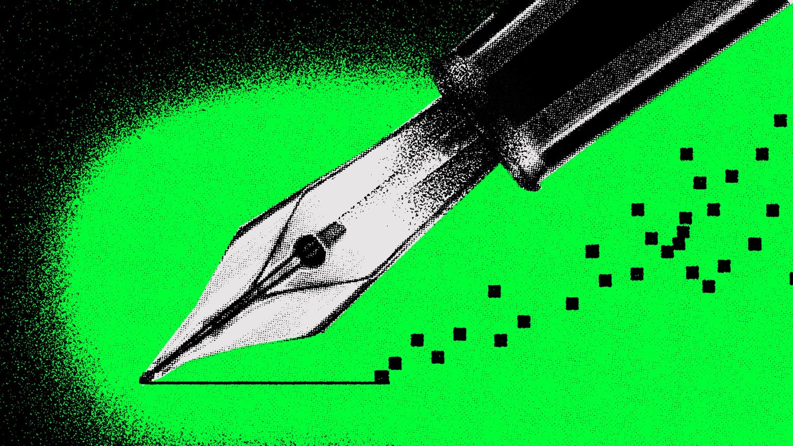 An illustration of a fountain pen with black pixels drawn from its nib, against a bright green and black textured background.