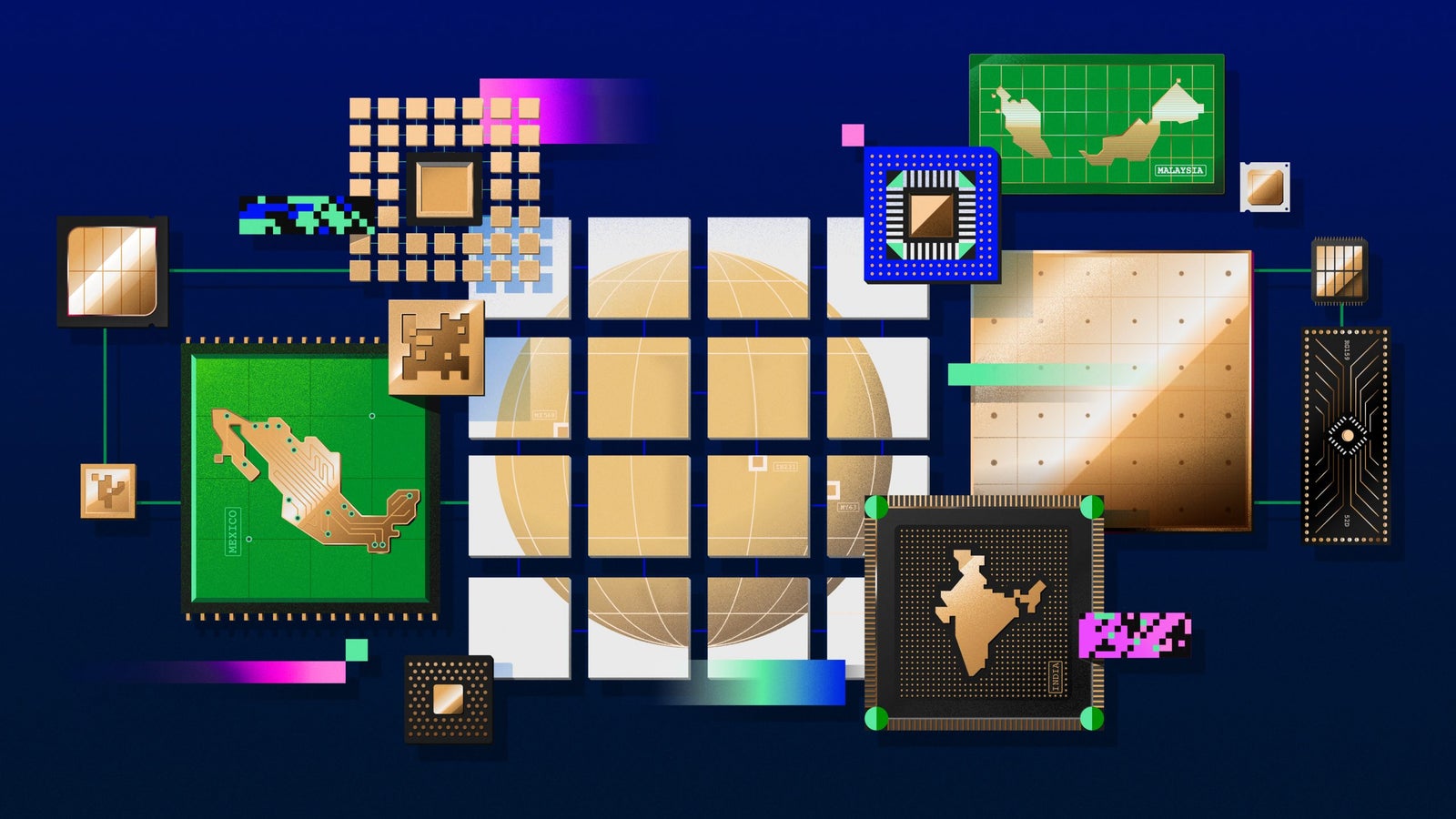 An abstract digital illustration featuring various microchips and circuit designs, arranged around a central golden globe, with highlighted regions representing Mexico and India, set against a dark blue background.