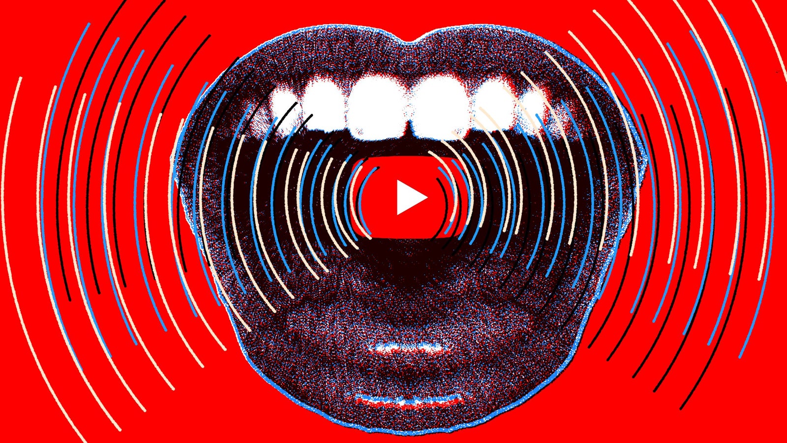 An illustration of an open mouth with a youtube logo and sound waves against a red background.