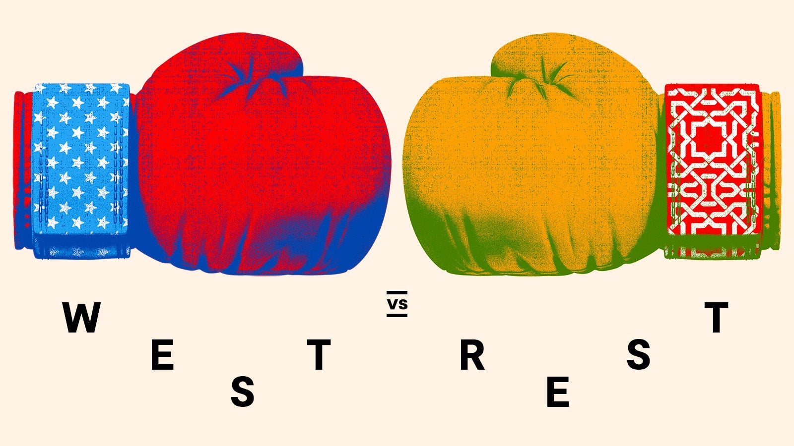 An illustration showing two boxing gloves, the left red and the right yellow, against a tan background, with the words "WEST VS REST" under them.