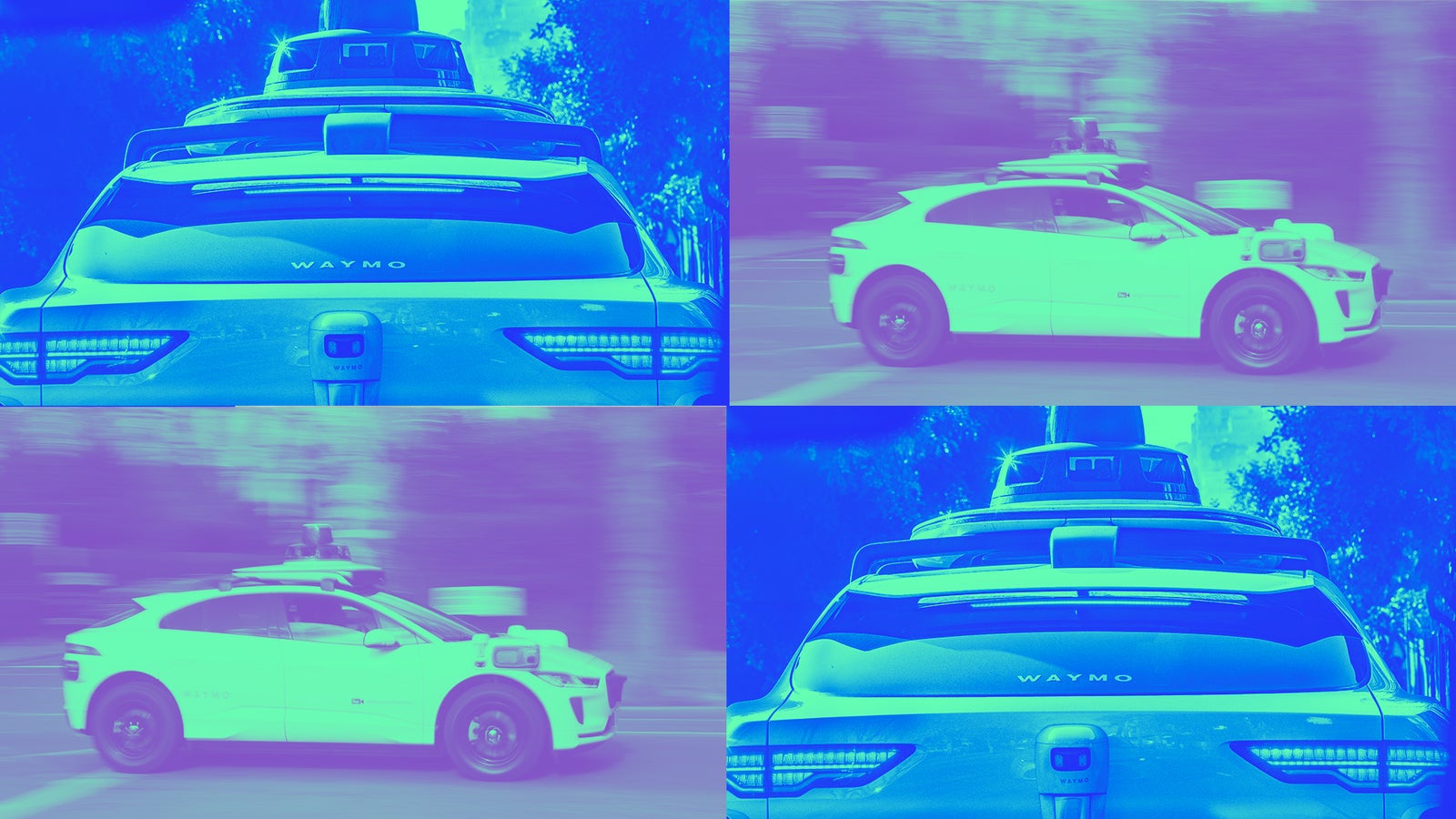 A Waymo autonomous vehicle captured in a stylized, high-contrast color scheme, showcasing its sensors and logo.