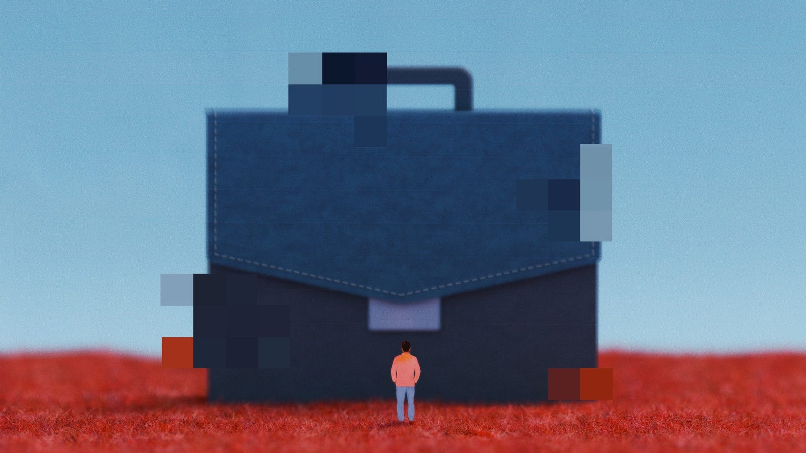 A small figure stands in front of a giant blue briefcase on a red textured surface, with a blue sky in the background.