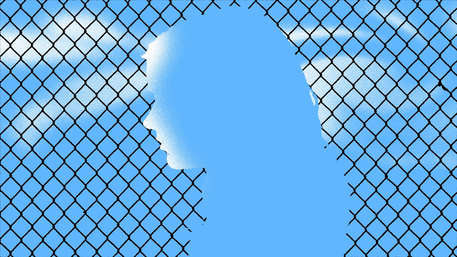 An illustration showing a silhouette of a woman standing in front of a chain link fence against a blue sky.