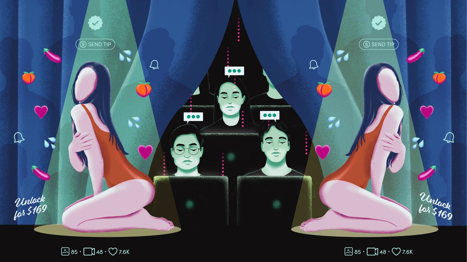 A digital illustration depicting a woman kneeling in a red outfit, facing away and partially turned to the viewer, surrounded by a theatrical curtain. In the background, several figures are seated at computers, with chat bubbles appearing above them. Various emojis and icons, including hearts and fruits, float around the scene. A prominent text reads "Unlock for $169."