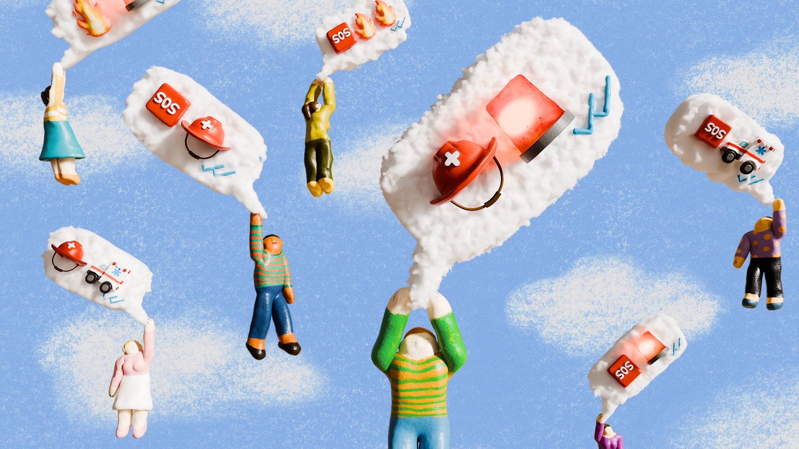 An illustration of a whimsical scene featuring miniature figurines, some hanging and others standing, with thought bubbles made of cloud-like shapes that contain emergency symbols like an ambulance, a firefighter's hat, and "SOS" messages against a blue sky.